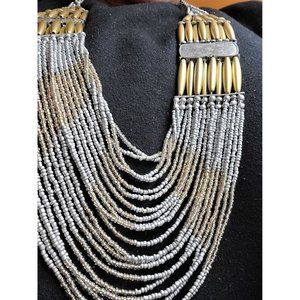 Elegant Silver & Gold 20 Strand Necklace Seed Beads